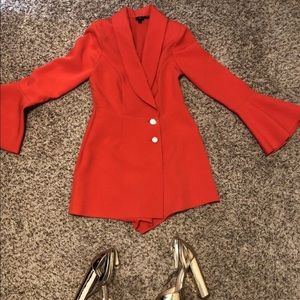 COPY - Red/Orange shorts romper with gold buttons.